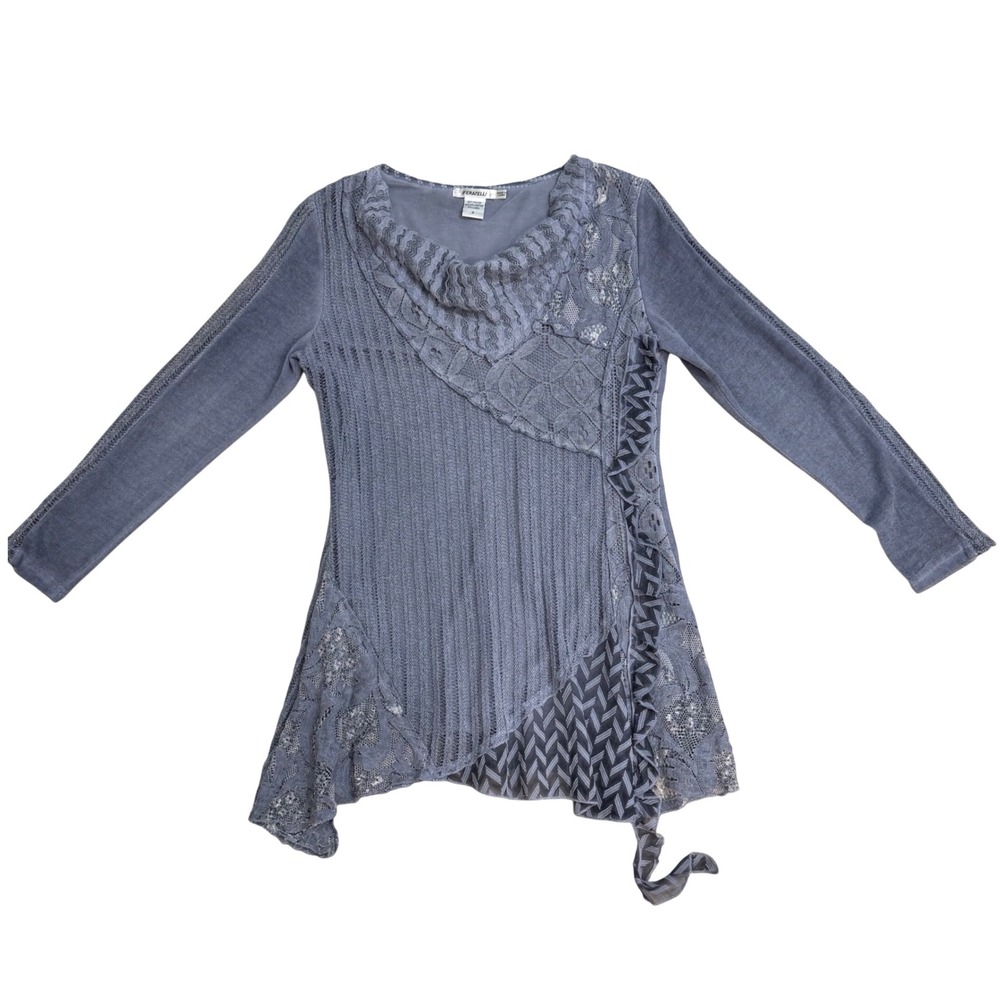 Feratelli Womens Blue Mixed Media Lace Boho Tunic Top Cowl Neck Long Sleeve S